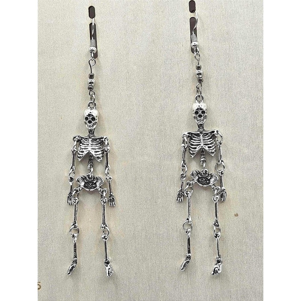 Skeleton Dangle Drop Earrings Silver Tone Halloween Costume Jewelry Handmade